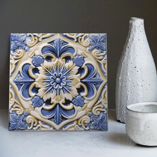 Indigo Azulejo Blue Yellow Portuguese Lisbon Tile