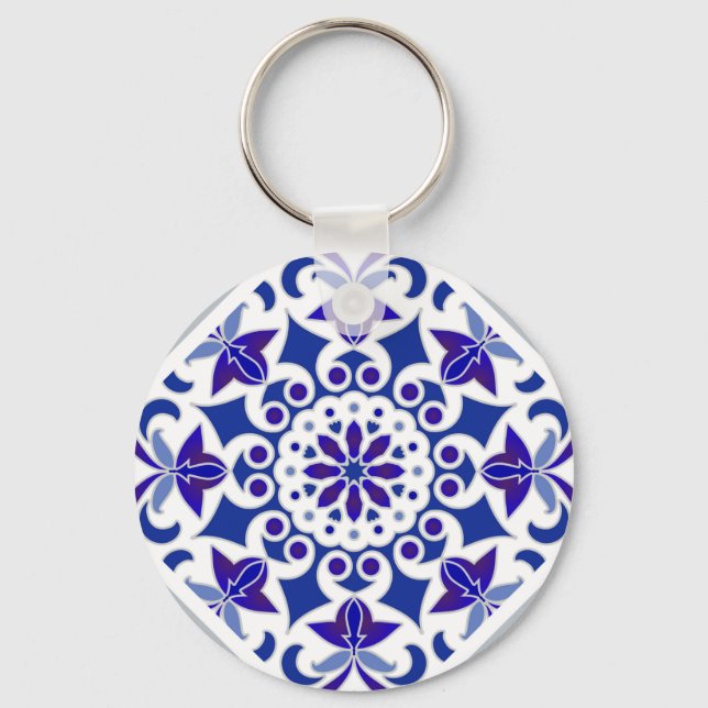 Indigo Azulejos Portuguese Blue and white tiles Keychain (Front)