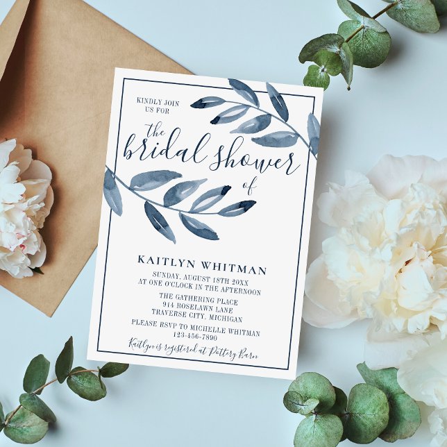 Indigo Bliss Watercolor Leaf Branch Bridal Shower Invitation (Creator Uploaded)