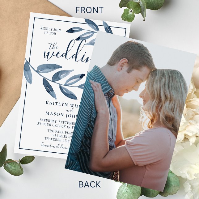 Indigo Bliss Watercolor Leaf Branch Photo Wedding Invitation (Creator Uploaded)