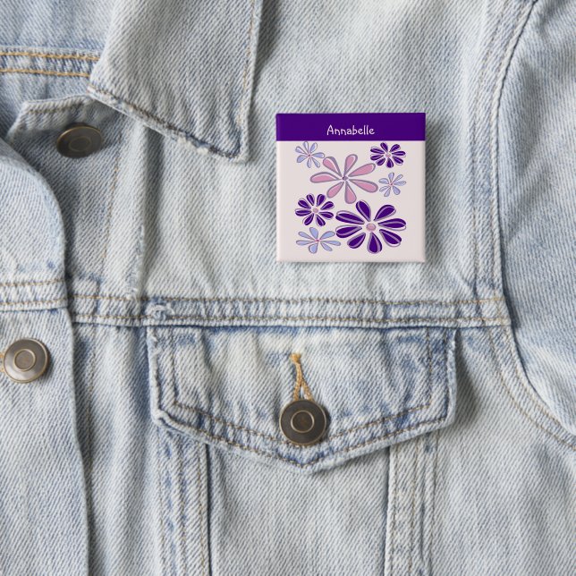 Indigo Bloom Doodle Your Name 2 Inch Square Button (In Situ)