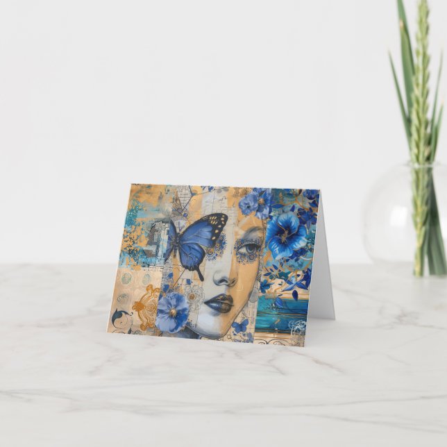 Indigo Blue Abstract Art Collage Blank Note Card (Front)