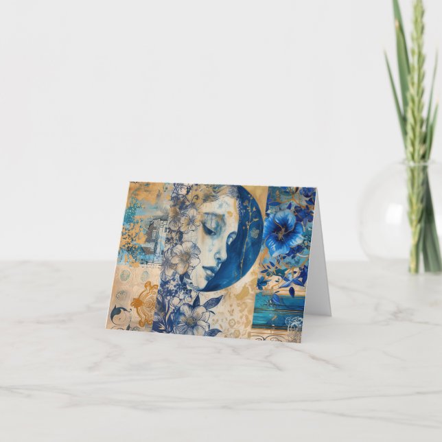 Indigo Blue Abstract Art Collage Blank Note Card (Front)