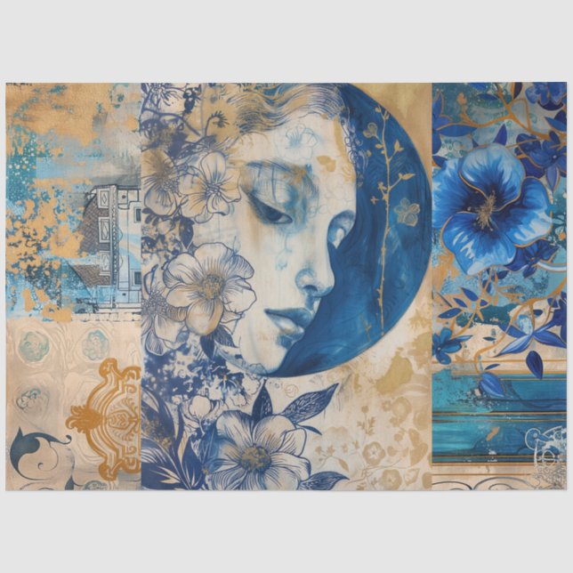 Indigo Blue Abstract Art Collage Decoupage Tissue Paper (Front)