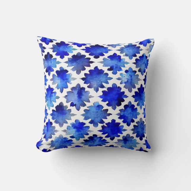 Indigo Blue Abstract Floral Pattern Throw Pillow (Front)