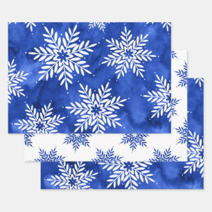 Indigo Blue Abstract Watercolor Snowflakes Wrapping Paper Sheet