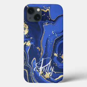 Indigo Blue Agate Marble Abstract Name Monogram  iPhone 13 Case