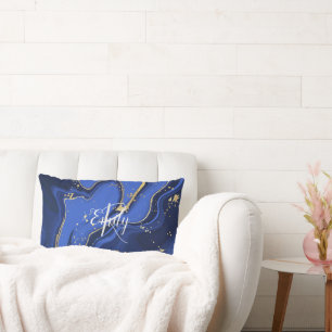 Indigo Blue Agate Marble Abstract Name Monogram  Lumbar Pillow