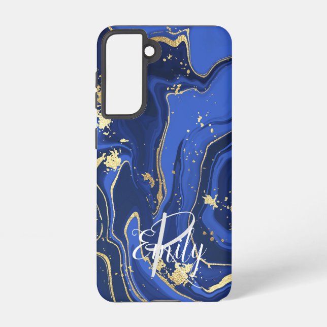 Indigo Blue Agate Marble Abstract Name Monogram  Samsung Galaxy S21 Case (Back)