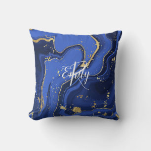 Indigo Blue Agate Marble Abstract Name Monogram  Throw Pillow