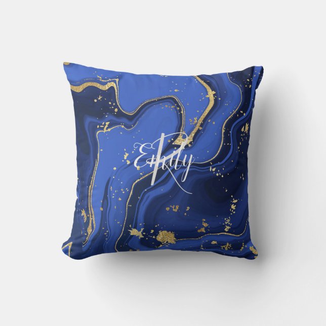 Indigo Blue Agate Marble Abstract Name Monogram  Throw Pillow (Front)