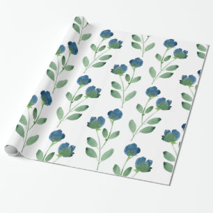 Indigo Blue and Green Watercolor Floral Pattern Wrapping Paper
