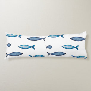 Indigo Blue and Teal Watercolor Fishes Body Pillow