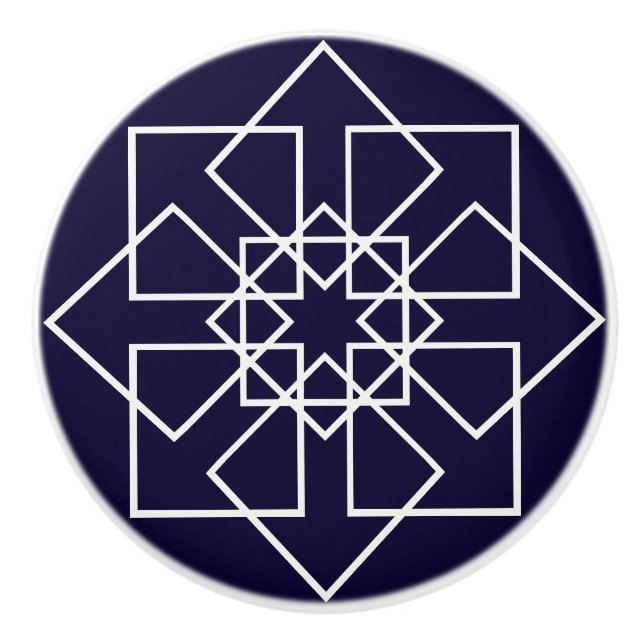 Indigo blue and white geometric shapes ceramic knob (Front)