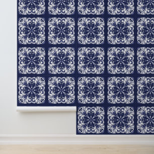 Indigo Blue and White Mediterranean Tile Pattern Wallpaper