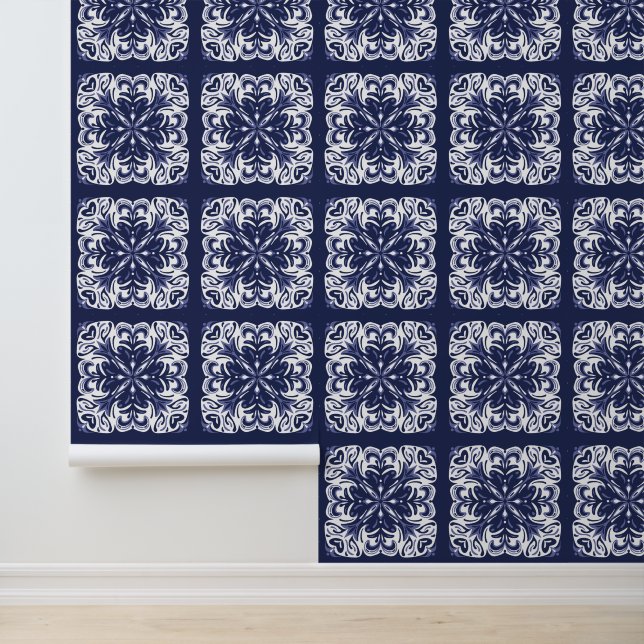 Indigo Blue and White Mediterranean Tile Pattern  Wallpaper (Application)