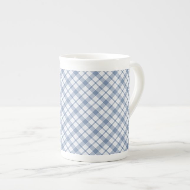 Indigo Blue and White Preppy Check Bone China Mug (Front Right)