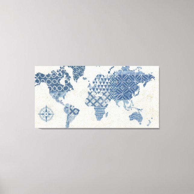 Indigo Blue Batik Map of the World Canvas Print (Front)