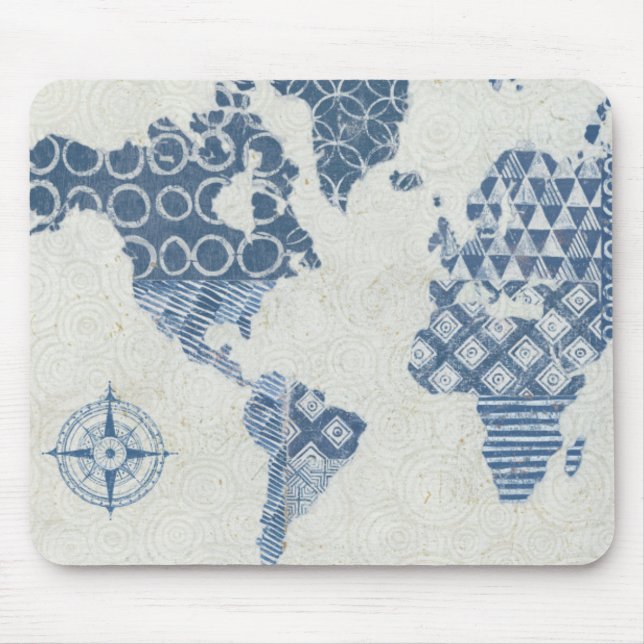 Indigo Blue Batik Map of the World Mouse Pad (Front)