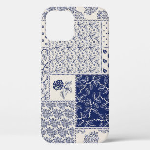 Indigo Blue Beige Floral Patchwork iPhone 12 Case