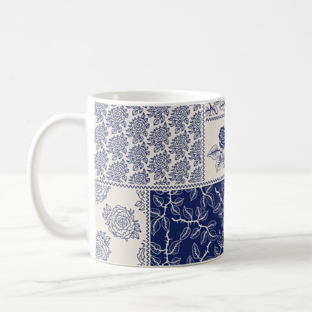 Indigo Blue Beige Floral Patchwork Coffee Mug (Left)
