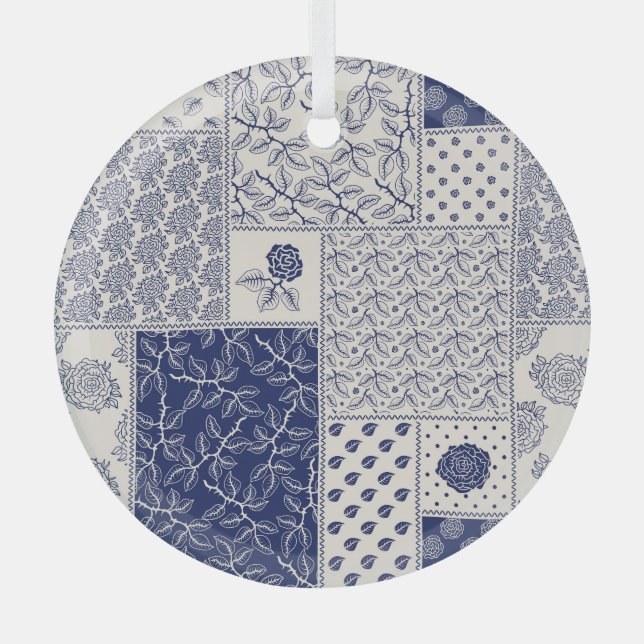 Indigo Blue Beige Floral Patchwork Glass Ornament (Front)