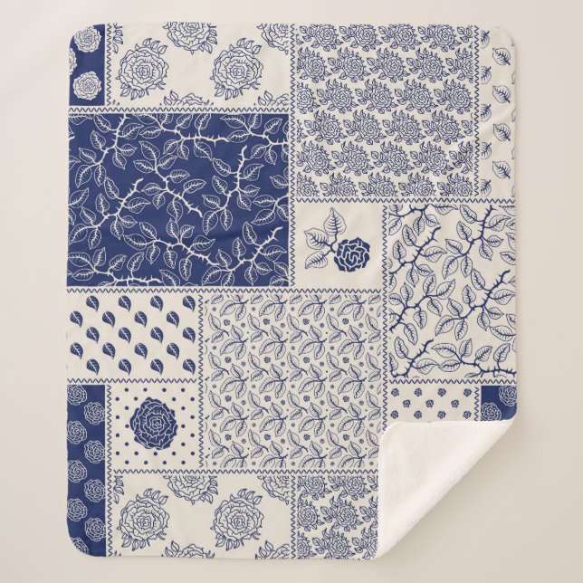 Indigo Blue Beige Floral Patchwork Sherpa Blanket (Front)