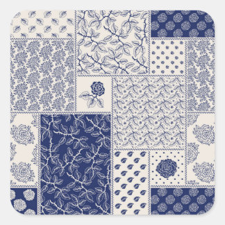 Indigo Blue Beige Floral Patchwork Square Sticker