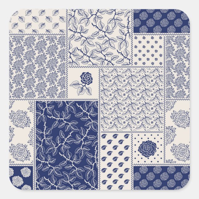 Indigo Blue Beige Floral Patchwork Square Sticker (Front)