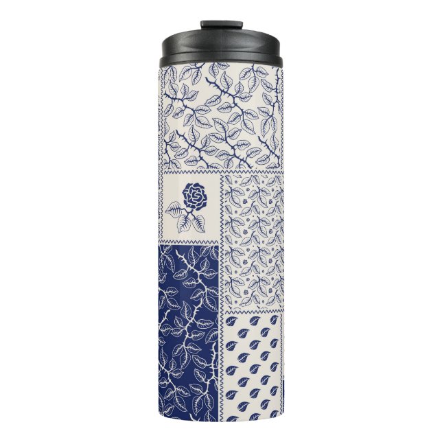 Indigo Blue Beige Floral Patchwork Thermal Tumbler (Front)