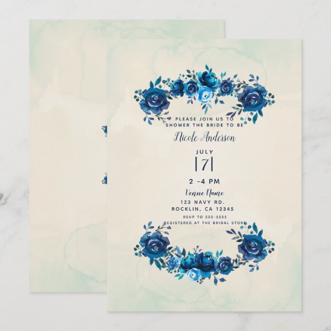 Indigo Blue Beige Watercolor Flowers Bridal Shower Invitation (Front/Back)