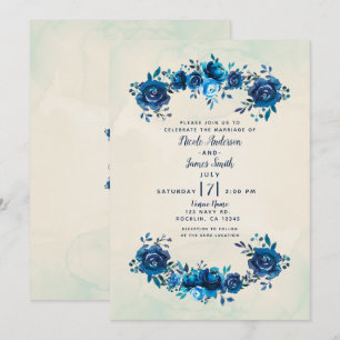 Indigo Blue & Beige Watercolor Flowers Wedding Invitation