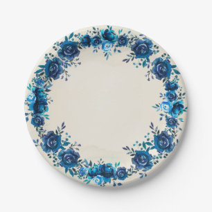 Indigo Blue & Beige Watercolor Vintage Flowers Paper Plate