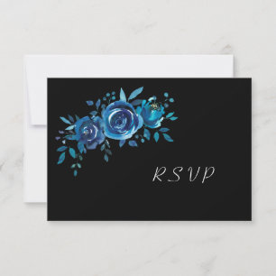 Indigo Blue + Black Floral Buffet Wedding RSVP Card