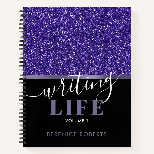 Indigo Blue Black Glitter Personalized Writers Notebook (Front)