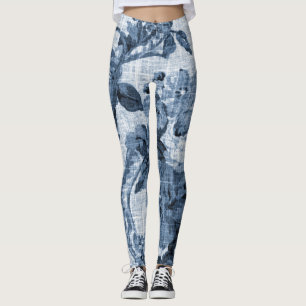 Indigo Blue Black & White Vintage Floral Toile 4 Leggings