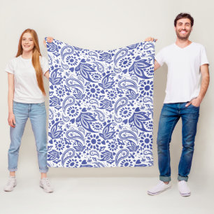 Indigo Blue Boho Chic Paisley Pattern on White Fleece Blanket