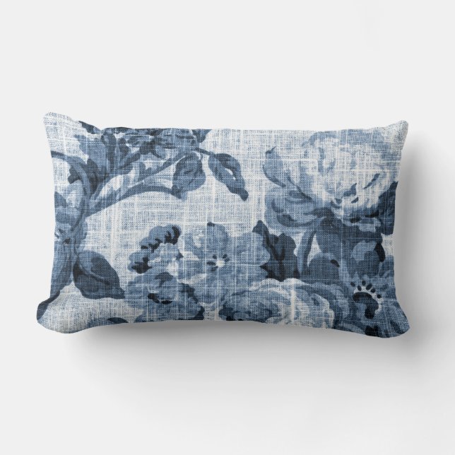 Indigo Blue Botanical Floral Toile Fabric No.5 Lumbar Pillow (Front)