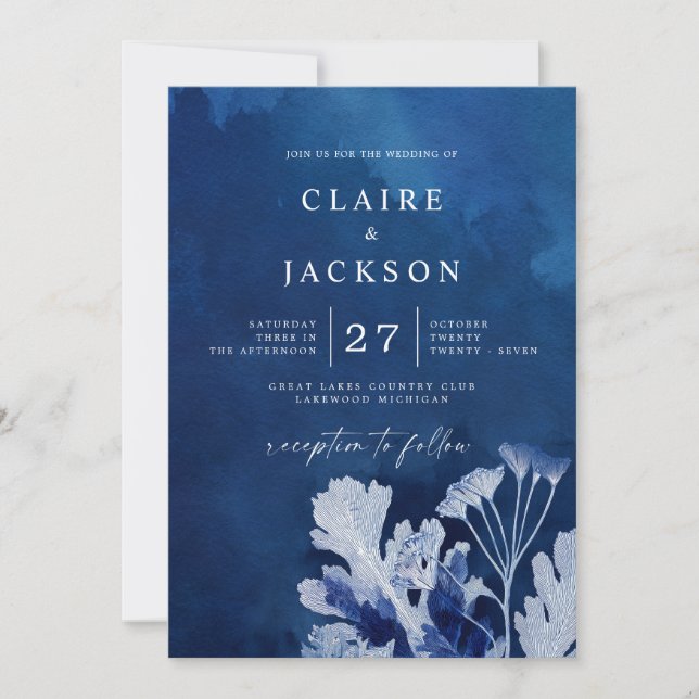 Indigo Blue Botanical Wedding Invitation (Front)