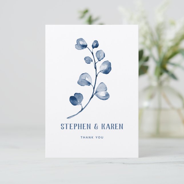 Indigo Blue Eucalyptus Élégant Merci de mariage C (Debout devant)