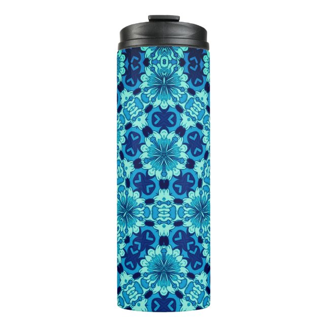 Indigo Blue Floral Chinese Tile Pattern Thermal Tumbler (Front)