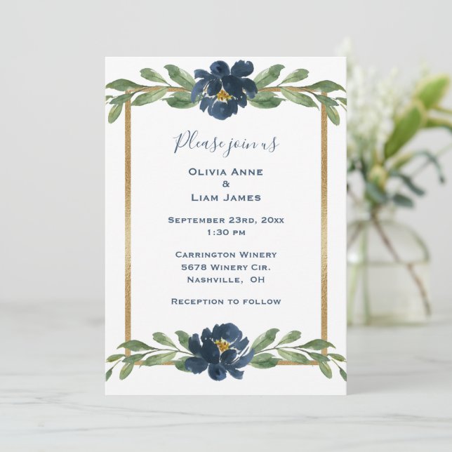 Indigo Blue Floral Elegant Gold Wedding Invitation (Standing Front)