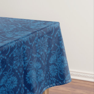 Indigo Blue Floral Faux Lace Pattern Tablecloth