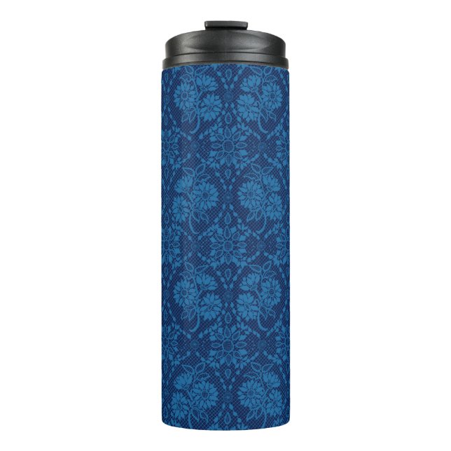 Indigo Blue Floral Faux Lace Pattern Thermal Tumbler (Front)