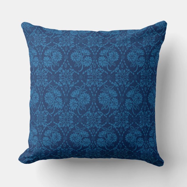 Indigo Blue Floral Faux Lace Pattern Throw Pillow (Front)