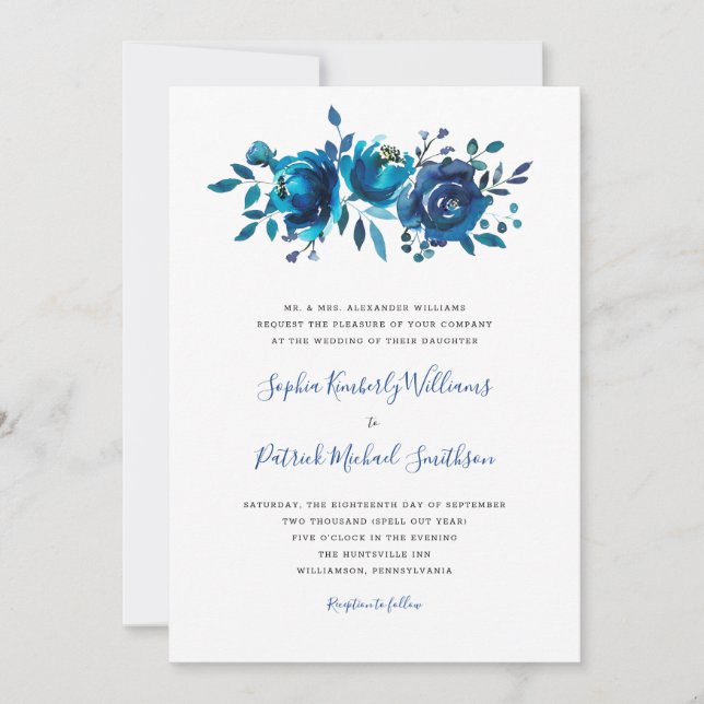 Indigo Blue Floral + traditional wording wedding Invitation (Front)
