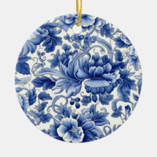 Indigo Blue Flowers Ceramic Ornament