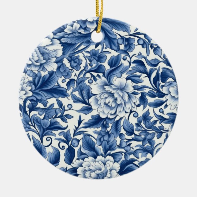 Indigo Blue Flowers Ceramic Ornament (Front)