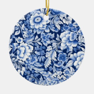 Indigo Blue Flowers Ceramic Ornament
