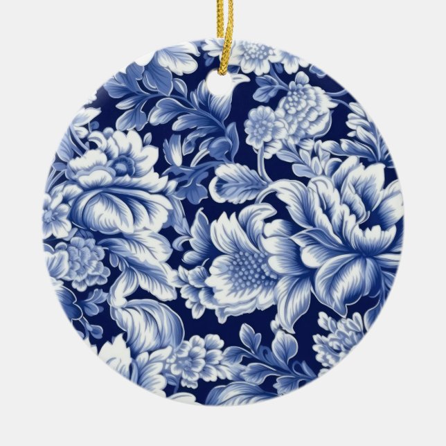 Indigo Blue Flowers Ceramic Ornament (Front)